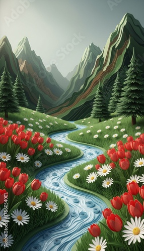 Serene Mountain Valley Scene With Blooming Meadow, Stream, And Pine Forest