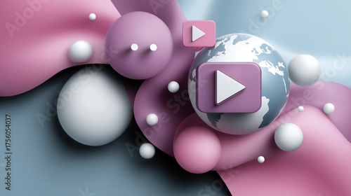 Abstract shapes and globe with play buttons design