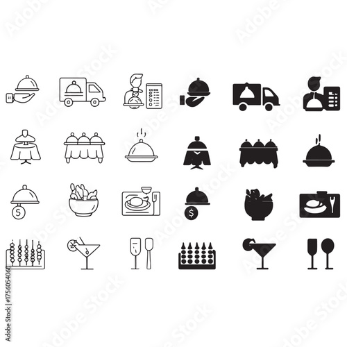 Catering line icon set. Catering service, food, delivery of ready meals, guest service, menu for event, banquet vector