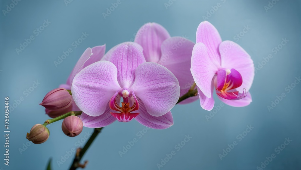 Fototapeta premium Pink orchid blossoms and buds against a soft blue backdrop