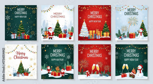 Festive collection of Christmas and New Year greeting card templates with winter holiday scenes