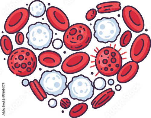 Heart shape made of blood cells on white background.