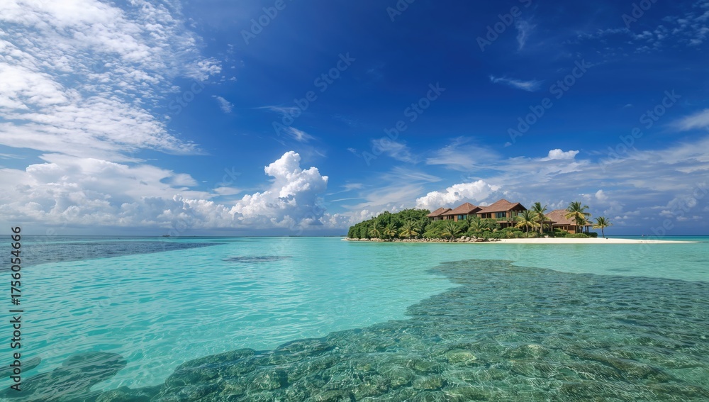 Fototapeta premium Stunning natural scenery with tropical ocean at sunset. Exclusive vacation spot on a coral atoll. Refreshing escape with snorkeling and coconut palms.