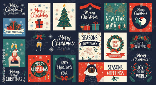 Merry Christmas and Happy New Year greeting cards collection vector illustration
