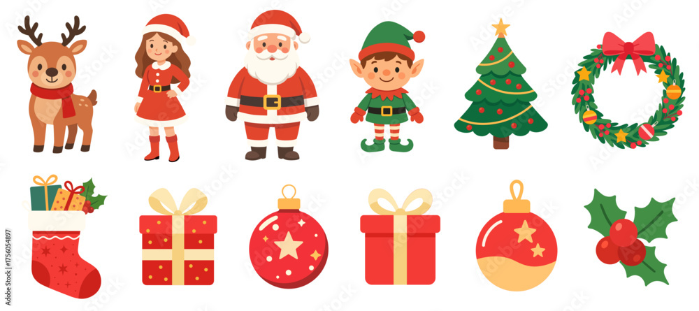 Naklejka premium Christmas characters and objects illustrations set. Vector cartoon clipart for Christmas decorations
