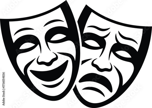 Comedy and Tragedy Masks Theatrical Expressions Black and White Illustration