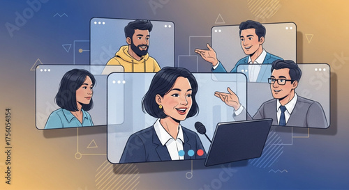 Online business meeting illustration with diverse professionals connecting remotely for a webinar