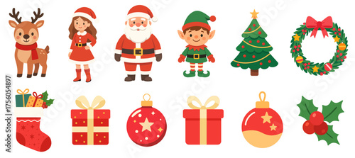 Christmas characters and objects illustrations set. Vector cartoon clipart for Christmas decorations