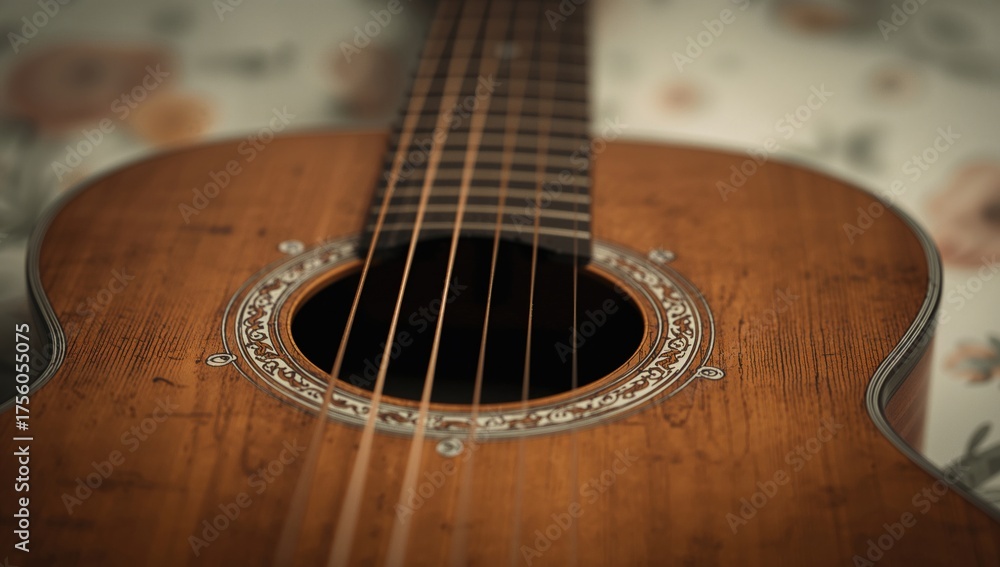 Fototapeta premium Detailed view of a wooden guitar featuring a white decorative inlay and worn strings