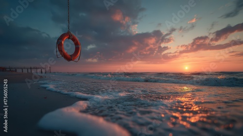 A life preserver hangs at a beach with a golden sunset. Illustrates themes of safety, serenity, and coastal living.