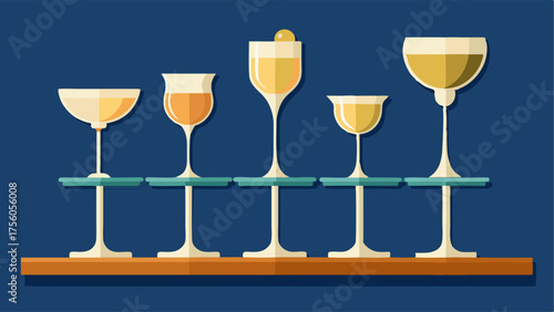 A collection of classic champagne coupes displayed on a glass shelf.