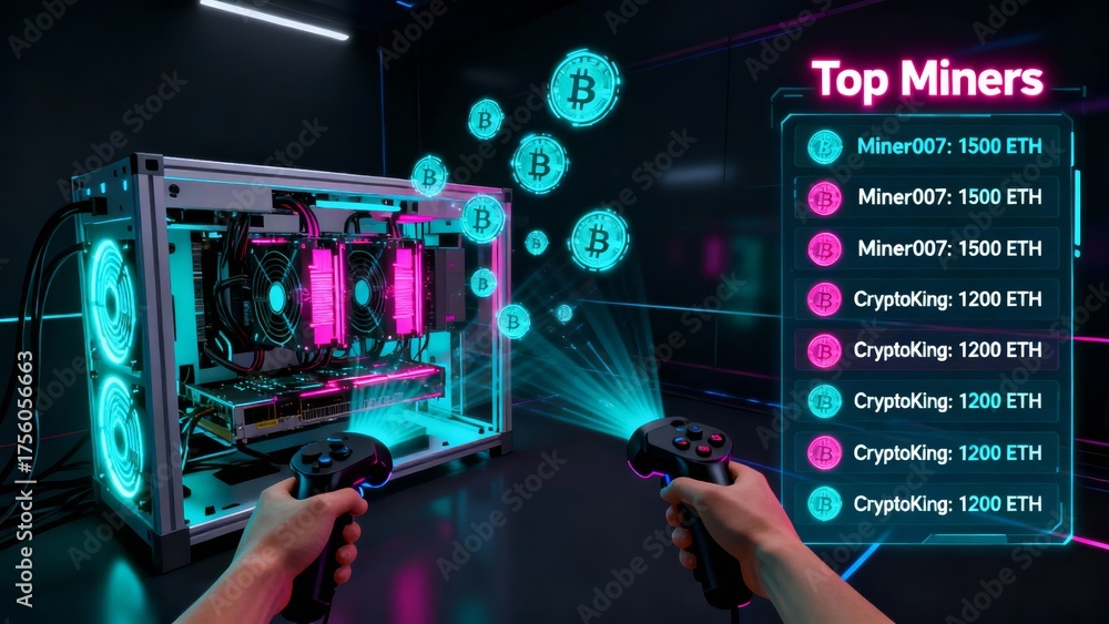 Obraz premium Person using VR controllers to interact with a cryptocurrency mining rig displaying real-time mining data and Ethereum symbols in a futuristic digital environment.
