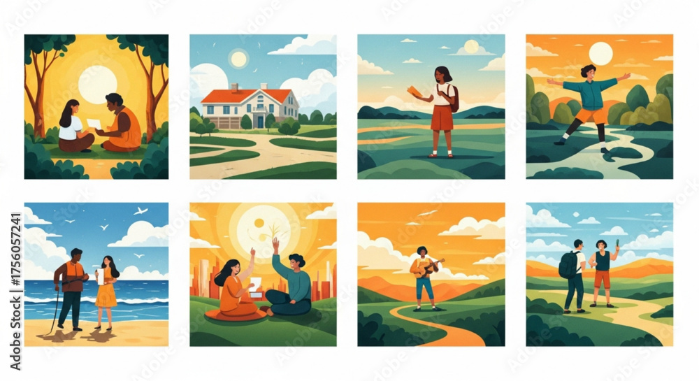 Naklejka premium Illustrative Scenes of Leisure and Exploration A Collection of People Enjoying Nature's Beauty