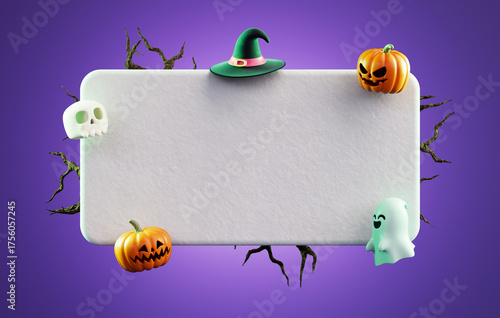 Blank text box for Happy Halloween message with pumpkins, witch hat, skull and ghost on a purple background in 3D illustration