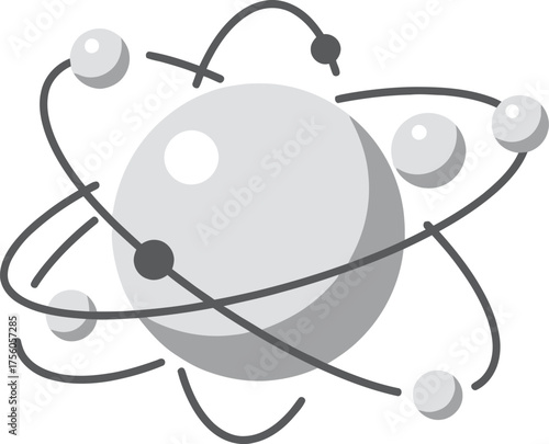 A grayscale atom model with nucleus and orbiting electrons.