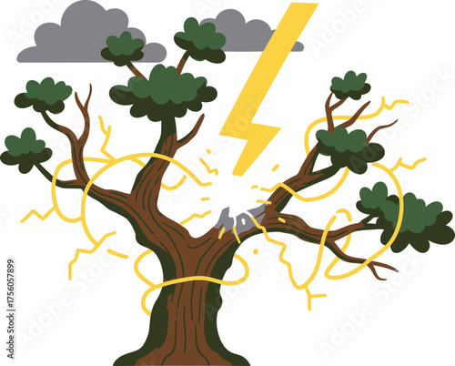 Stylized tree struck by lightning with stormy clouds overhead.