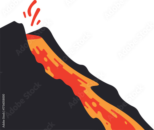 A stylized volcano erupting lava flowing down its side.