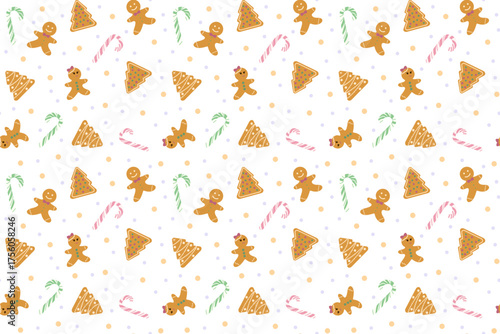 Cheerful, whimsical seamless pattern of gingerbread cookies, pastel candy canes, and soft polka dots, ideal for baking themes or children's apparel.