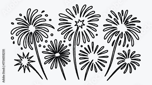 Black and white fireworks illustration for celebratory designs and backgrounds