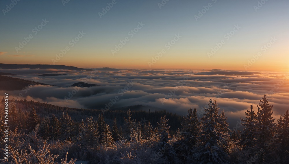 Obraz premium Stunning twilight scene of snow-covered pine trees beneath dramatic clouds in a rugged terrain, bathed in golden light.