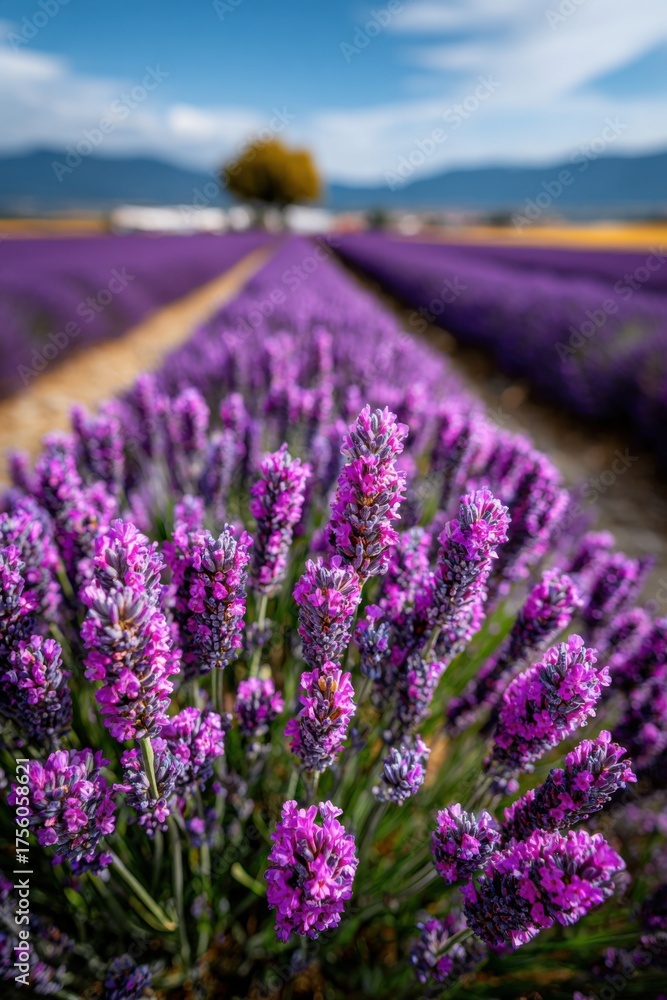Obraz premium Lavender fields stretch into the distance under a blue sky with clouds on a sunny day in a rural landscape