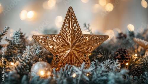 Warm festive background featuring a detailed ornamental star up close