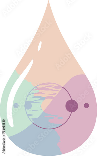 Pastel water droplet containing abstract, ethereal planet design.