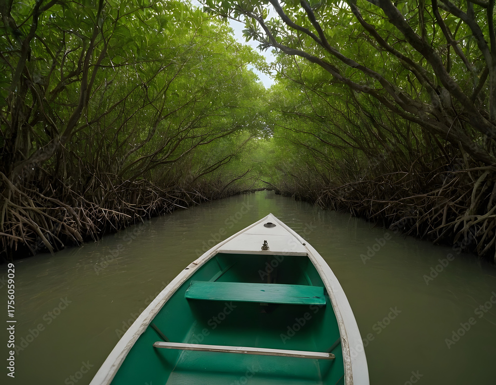 Fototapeta premium A small boat navigating through a narrow, hidden waterway in a mangrove forest, with dense greenery and wildlife all around, offering a unique, off-the-beaten-path experience, boat on the river
