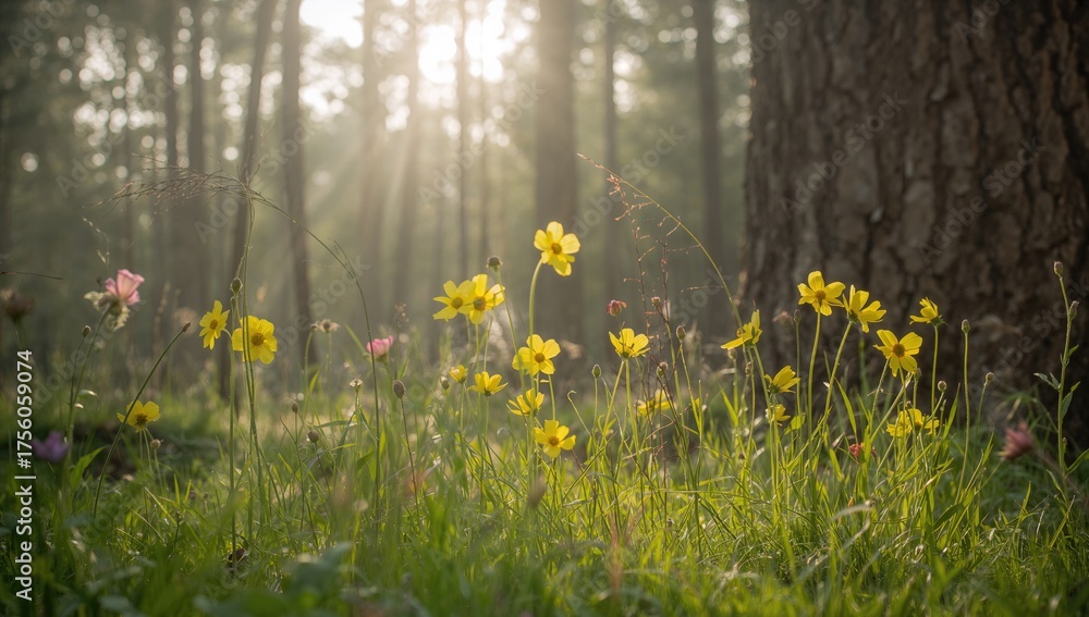 Obraz premium Radiant Woodland Flowers: Golden Anemones and Buttercups in a Sunlit Enchanted Setting