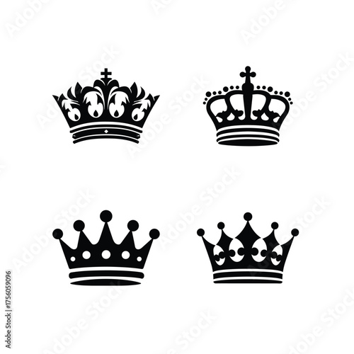 Royal Crown Silhouettes, Majestic Symbol, King, Queen, Nobility, Black on White