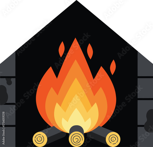 A stylized fireplace with burning logs and a cozy, inviting atmosphere.