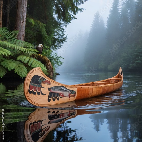 Serene Indian Canoe on Quiet Lake Surrounded by Dense Forest and Misty Morning Light