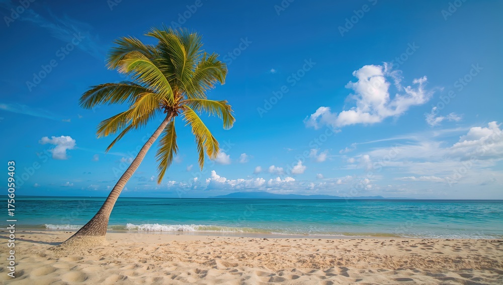 Naklejka premium Sandy shore lined with palm trees under a clear sky with gentle clouds, evoking a summer vibe