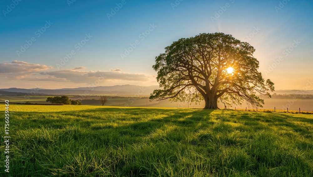 Obraz premium Stunning sunrise over a lush agricultural landscape with trees and fields