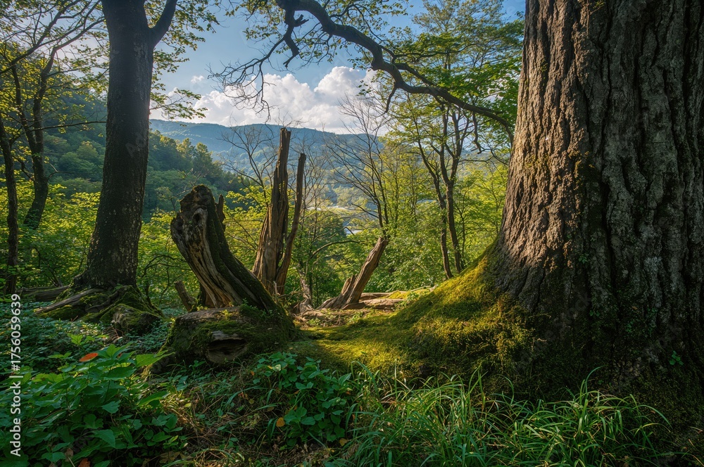 Obraz premium Lush moss covering rocks with a backdrop of trees and water under a clear sky in warm weather