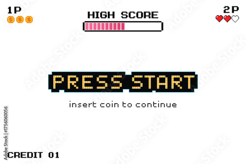 Press Start, Pixel art, 8-bit game for game assets in vector illustrations on white background.	