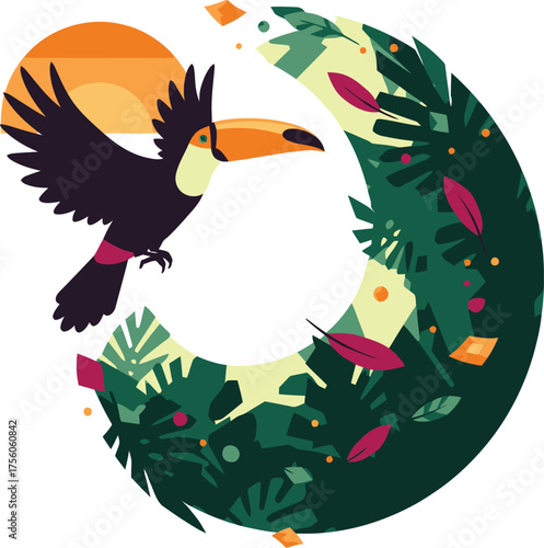 Stylized toucan flying in lush tropical forest at sunset.