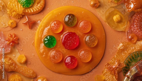 Wallpaper Mural Top view of vibrant jelly sweets on licorice-flavored marmalade Torontodigital.ca