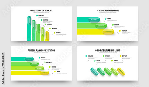 Modern Solution Five Three Four Element Diagram Slideshow Design Vector Illustration Bundle. Business Innovation 5 3 4 Step Infographic Frame Template Set.