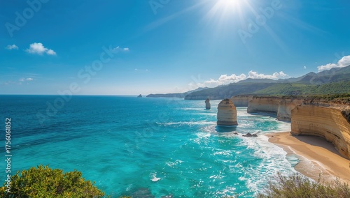 Fototapeta Naklejka Na Ścianę i Meble -  Scenic coastline with clear blue waters and sunny skies