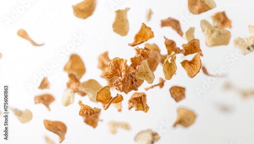 Dried apple slices displayed on a plain white background with a toned filter and focused detail