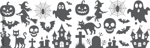 Halloween Silhouette Vector Collection – Spooky Pumpkins, Ghosts, Witches, and Haunted House Illustrations for Holiday Design