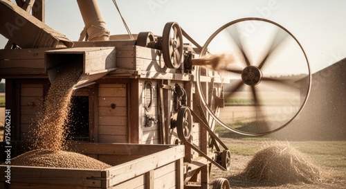 Mechanical threshing process shown in a medium shot with spinning fan expelling light chaff while heavy grains fall into a collection bin.