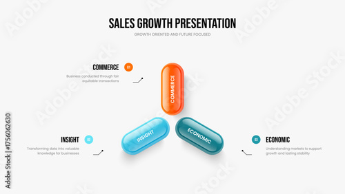 Investor Insight Three Step Infographic Presentation Design. Advertising Launch 3 Element Diagram Frame Layout. Corporate Introduction Slide Template Vector Illustration.