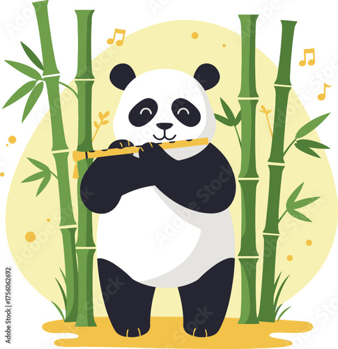 A cartoon panda plays a flute amid bamboo stalks.