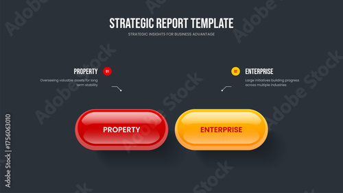 Market Performance 2 Step Diagram Slideshow Design. Company Strategy Slide Template Vector Illustration. Enterprise Portfolio Two Element Infographic Presentation Layout.