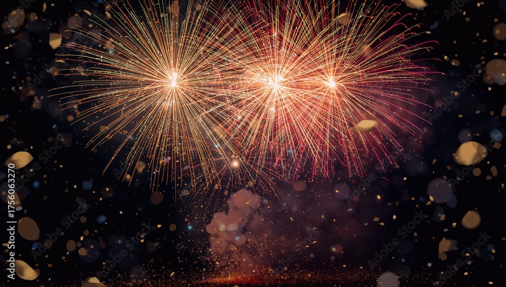 Obraz premium Spectacular fireworks lighting up the night sky for a festive anniversary event. Wishing you a joyful holiday season!