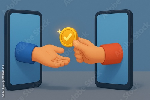 App payment integration. Digital transaction illustration showing hands exchanging a coin through smartphones.