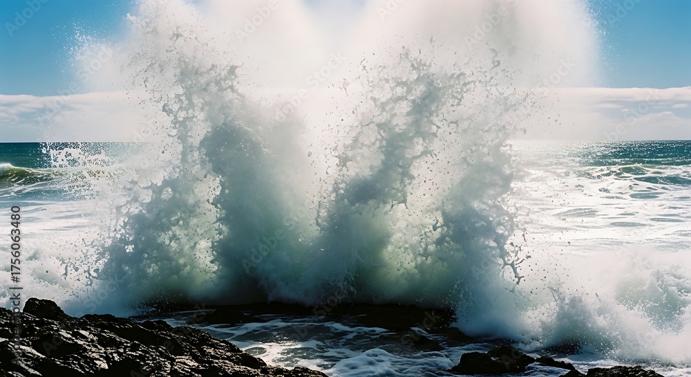 Naklejka premium Powerful Ocean Waves Crashing Against Rocky Shoreline Under Bright Sky.
