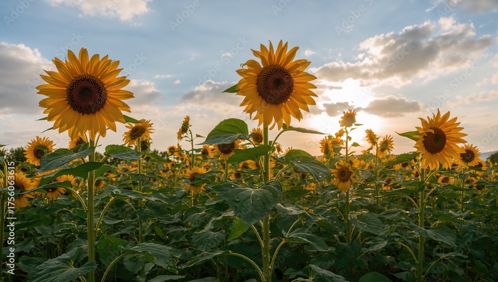 Obraz premium Morning sunflowers basking in sunlight, floral summer landscape with leaves and bright sky